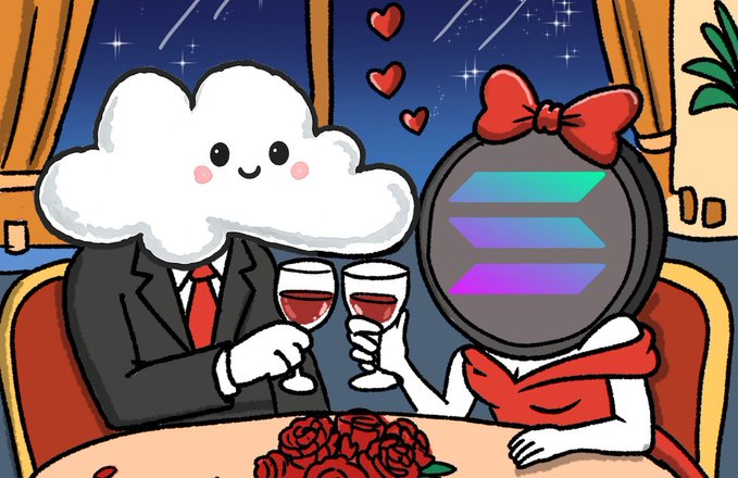 The focus of this image is a man wearing a suit holding two glasses of wine, with a woman dressed in red sitting across from him at a table. The background features a cartoon depiction of a cloud and hearts, which adds a whimsical touch to the scene. There are no texts or other objects present in the image, making it a simple yet visually appealing composition that highlights the man and woman's romantic connection.