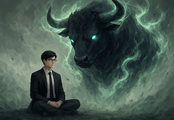 An anime-style illustration shows a bespectacled man in a black suit meditating cross-legged on the ground, with a giant, shadowy bull with glowing cyan eyes and horns emerging from a green mist behind him, symbolizing a calm person mastering a powerful bull market force.