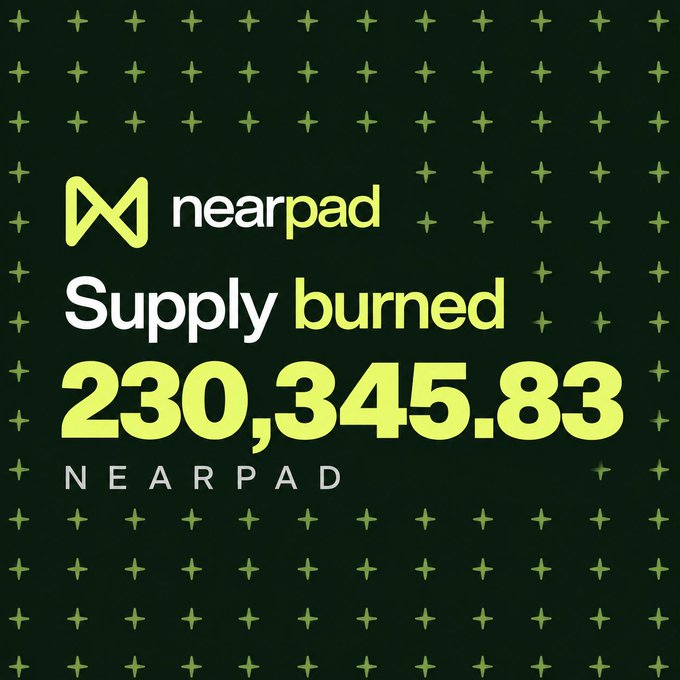 A promotional graphic for Nearpad displays the NEAR logo and text reading 'Supply burned 230,345.83 NEARPAD' against a dark green patterned background.