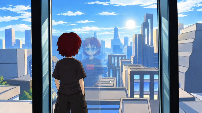 An anime-style illustration shows a red-haired character standing on a balcony looking at their reflection in a glass window, with a futuristic cityscape visible behind the reflection.