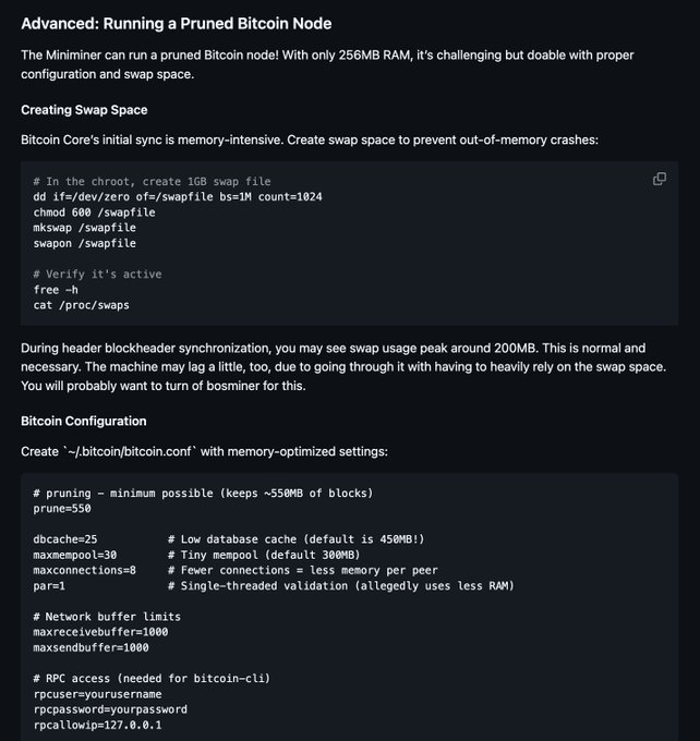 A technical guide titled 'Advanced: Running a Pruned Bitcoin Node' showing commands for creating a 1GB swap file and a Bitcoin configuration file with memory-optimized settings.