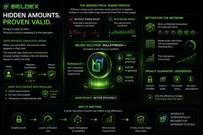 A technical infographic for "BELDEX" titled "HIDDEN AMOUNTS. PROVEN VALID." explaining their "Bulletproof++" range proof solution, with sections on "HOW PRIVATE AMOUNTS WORK," "THE MISSING PIECE: RANGE PROOFS," and "WHY IT MATTERS."