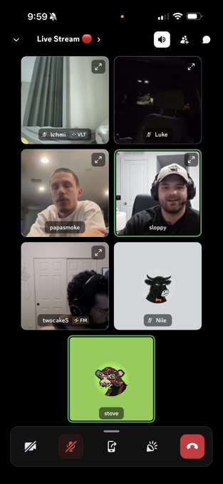 A mobile screen displays a live stream with six participants in a grid layout, including users named "schmi," "Luke," "papasrnoke," "sloppy," "twocakeS," and "Nile," along with a featured speaker panelist "stove" highlighted in green at the bottom. The interface includes standard audio/video call controls and a red end-call button, with "Live Stream" labeled at the top.