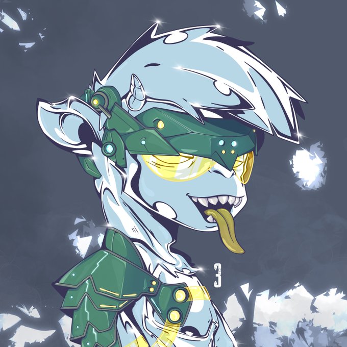 A stylized cartoon illustration of a cyberpunk goat character with glowing yellow visor goggles, futuristic green armor, and a protruding tongue, accompanied by the number "3" and floating crystal shards, representing the artist's 1/1 entry for the GoatsOfSolana Art Contest.