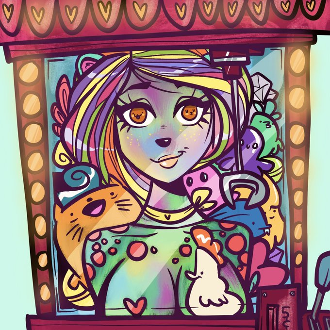 A vibrant, colorful digital illustration of a young girl with rainbow-colored hair and large expressive eyes, surrounded by cute creatures inside what appears to be a claw machine or display case.