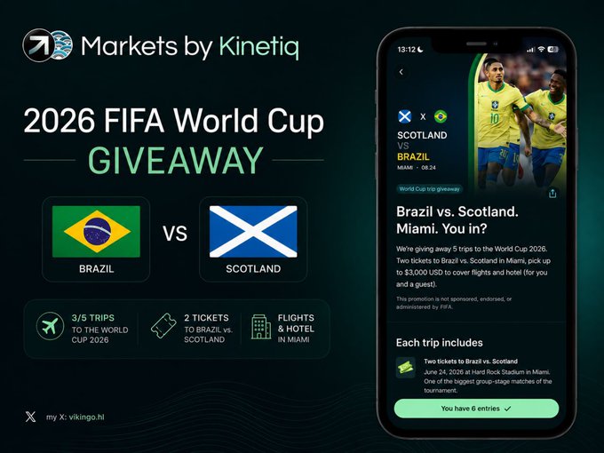 The image features a smartphone displaying an advertisement for a giveaway related to the FIFA World Cup. The poster includes images of the three teams from each country, along with text providing details about the giveaway. The giveaway offers two tickets to the event as a prize for winning. The phone is placed on a table or countertop, and there are no other objects in the image besides the smartphone and the advertisement.