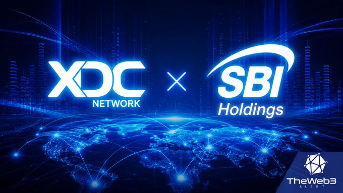 A promotional graphic featuring the XDC Network and SBI Holdings logos over a glowing blue digital world map, with 'TheWeb3 Alert' logo in the corner.