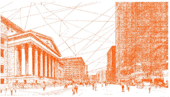 An orange pointillist-style illustration depicts a cityscape with classical columned buildings and skyscrapers, overlaid with a network of connecting lines and nodes that radiate across the sky. The image visually represents Miden's vision of a privacy-focused, high-performance blockchain infrastructure—symbolizing how financial systems and networks can connect seamlessly and remain compliant within the broader digital economy.