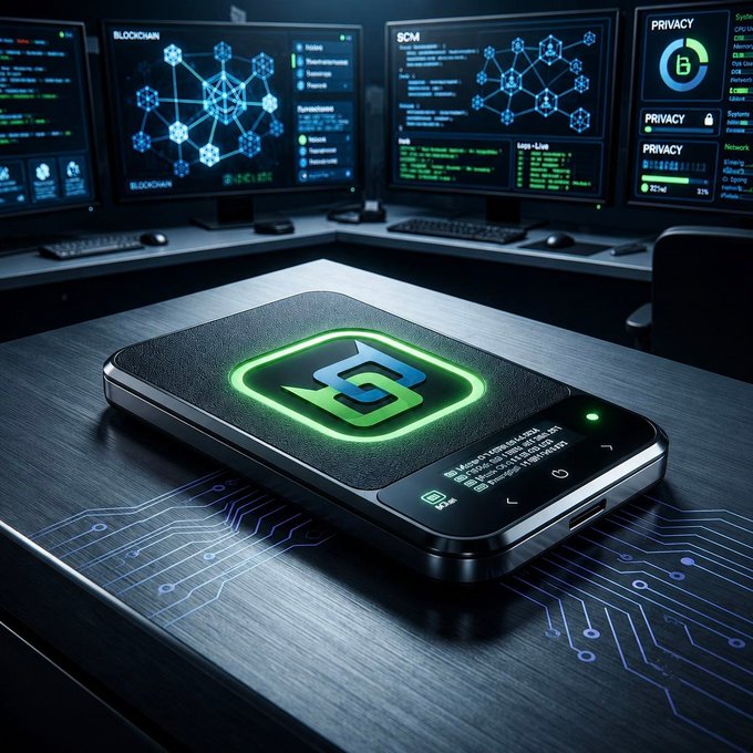 A smartphone on a desk displaying a glowing green 'G' logo, with background monitors showing blockchain, SCM, and PRIVACY data interfaces.