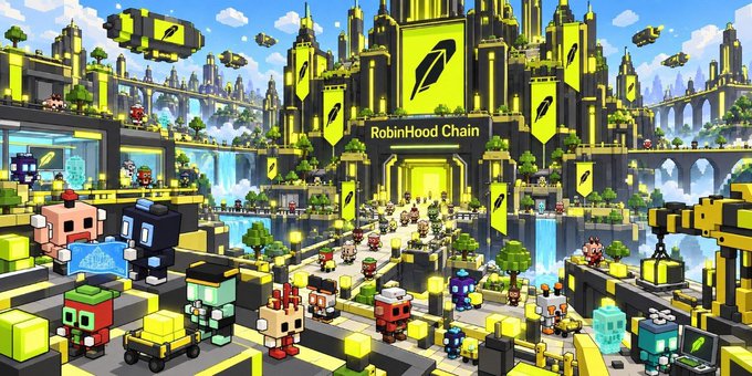 A vibrant voxel-art cityscape features a central glowing structure labeled 'RobinHood Chain' surrounded by blocky buildings and floating ships.