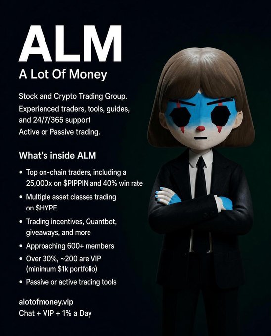 A promotional graphic for 'ALM - A Lot Of Money', a stock and crypto trading group, featuring a 3D doll figure with painted clown-like face makeup in a black suit, listing features like '25,000x on $PIPPIN and 40% win rate' and the website 'alotofmoney.vip'.