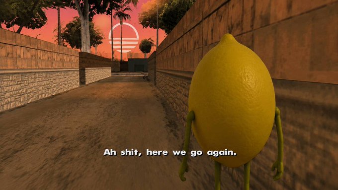 A lemon character stands in a dusty alleyway at sunset with the caption "Ah shit, here we go again" displayed below, suggesting a resigned reaction to a familiar pattern—in this case, the meme cleverly mirrors the crypto market's repetitive cycle of hype, listings, and influencer endorsements, implying the lemon (a savvy trader) has seen this kind of "pump" scheme play out countless times before.