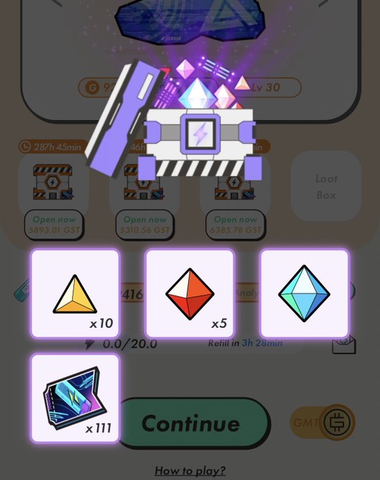 A mobile game screen displays a "Loot Box" with three openable boxes priced at 5893.01 GST, 6310.56 GST, and 6285.78 GST, alongside rewards of 10 yellow gems, 5 orange gems, and a blue octahedron-shaped gem, with a "Continue" button and 111 lootbox tickets shown. The image illustrates the in-game loot box opening interface from STEPN, where the 111 ticket balance referenced in the memo can be used to claim these gem rewards.