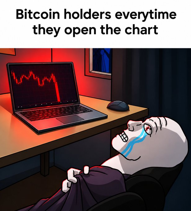 A cartoon meme titled 'Bitcoin holders everytime they open the chart' depicting the 'This is Fine' dog crying while watching a laptop displaying a crashing red chart.