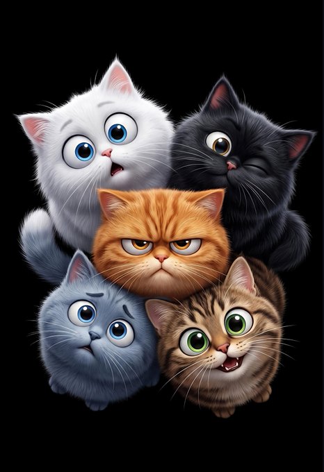 An illustrated image showing five cute cartoon cats with different expressions in various colors: white, black, orange, gray, and brown.