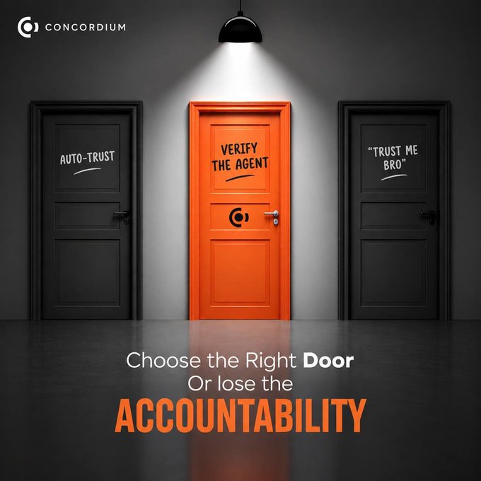 A Concordium advertisement shows three doors labeled "AUTO-TRUST", "VERIFY THE AGENT" (highlighted in orange), and "TRUST ME BRO", with the tagline "Choose the Right Door Or lose the ACCOUNTABILITY".