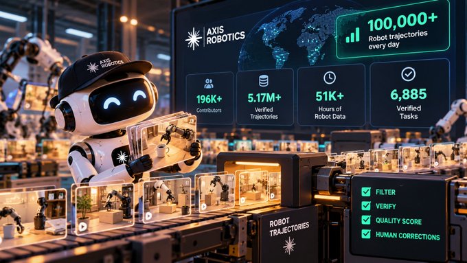 A promotional graphic for Axis Robotics featuring a cute robot mascot wearing a cap, with statistics including 196K+ Contributors, 5.17M+ Verified Trajectories, 51K+ Hours of Robot Data, 6,885 Verified Tasks, and 100,000+ robot trajectories every day, alongside checks for Filter, Verify, Quality Score, and Human Corrections.