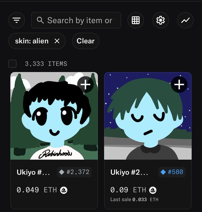 An NFT marketplace interface showing two 'Ukiyo' skin: alien character items priced at 0.049 ETH (#2,372) and 0.09 ETH (#580).