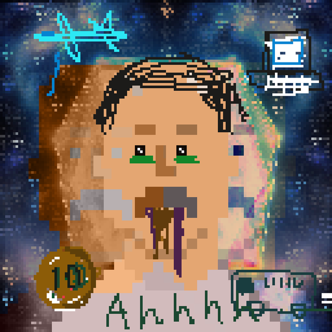 A heavily pixelated digital artwork shows a crying figure with green facial markings against a dark blue background, featuring Korean text at the bottom and Japanese-style characters in the top right.