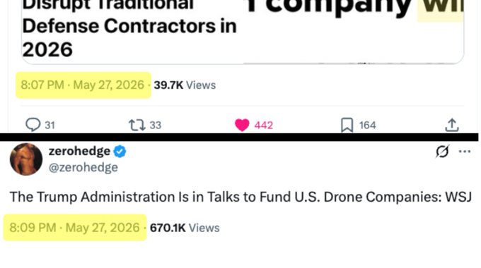 The image shows a social media post with two different posts displayed side by side. The first post has a headline that reads "The Trump Administration is Talks to Fund U.S. drone companies". The second post has a headline that says "Crazy phenomenon last night. My $ONDS post came out 2 minutes before the first reports of the gov't looking at stakes in drone companies.". Both posts are about the same topic, but they have different timestamps and descriptions.