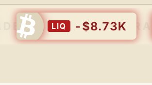 A "LIQ" notification for Bitcoin shows a liquidation of -$8.73K, illustrating the cautionary tale of leveraged traders on @papertrade_xyz being liquidated as referenced in the post.