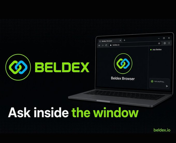 A promotional image for 'BELDEX' featuring their browser on a laptop with the tagline 'Ask inside the window' and the website beldex.io.