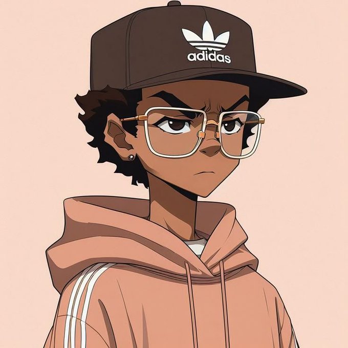 An anime-style illustration of a dark-skinned character wearing an Adidas cap, large glasses, and a peach hoodie.
