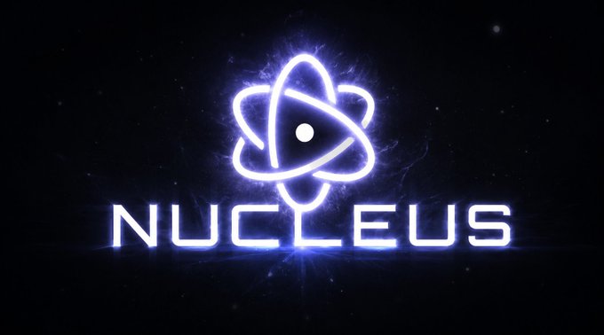 A glowing neon blue 'NUCLEUS' logo featuring an atom-style symbol with a central eye on a dark background.