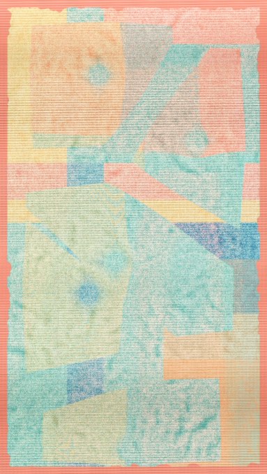 An abstract geometric composition featuring overlapping angular shapes in soft pastel hues of teal, orange, yellow, and coral, with a textured, horizontally lined surface and a coral border.