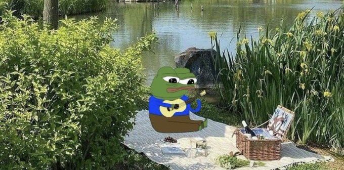 A cartoon Pepe the Frog relaxes on a picnic blanket by a pond, playing a ukulele alongside a basket of wine and snacks, perfectly capturing the weekend leisure vibe referenced in the post about enjoying the weekend with good vibes and good friends.