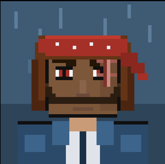 A pixel art character portrait showing a dark-skinned figure with red eyes, pink facial markings, and a red headband, standing against a blue background with falling rain elements.