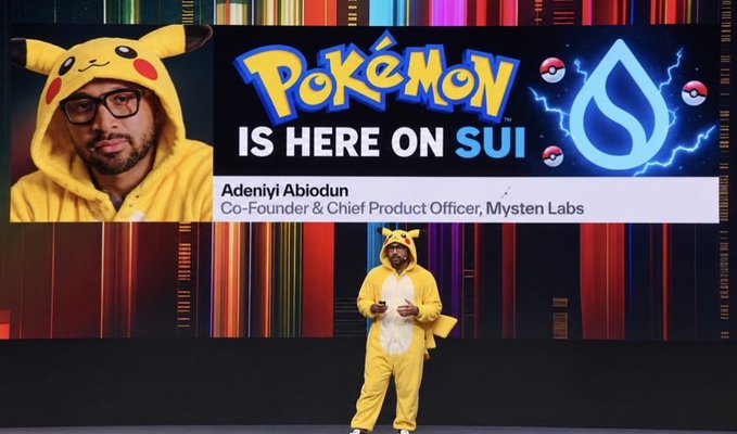 A presentation slide titled 'Pokémon IS HERE ON SUI' featuring Adeniyi Abiodun, Co-Founder & Chief Product Officer of Mysten Labs, who appears on stage wearing a Pikachu onesie.