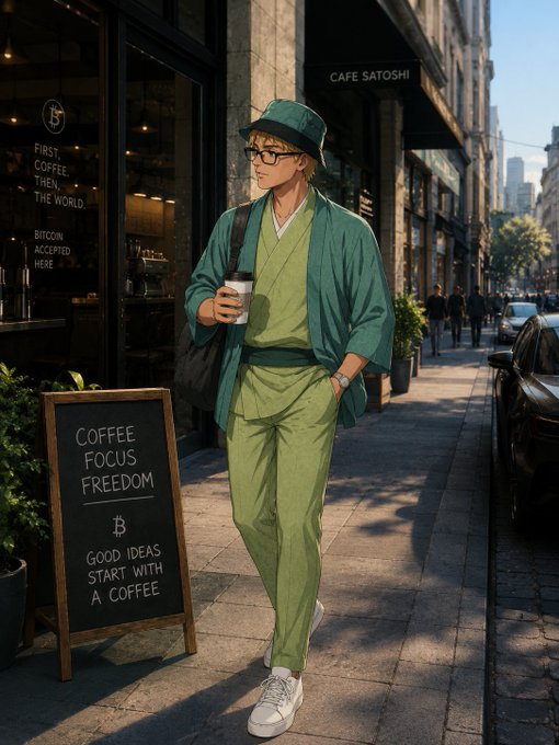 An AI-generated illustration of a person in a green outfit and bucket hat holding a coffee cup outside 'Cafe Satoshi', which has window text reading 'FIRST COFFEE, THEN, THE WORLD. BITCOIN ACCEPTED HERE' and a sandwich board saying 'COFFEE FOCUS FREEDOM'.
