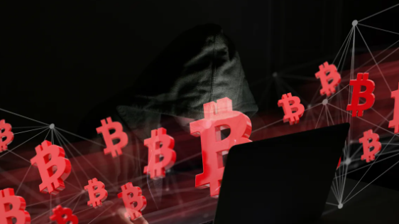 A hooded figure sits at a laptop surrounded by floating red Bitcoin (₿) symbols connected by digital network lines, visually symbolizing the cybersecurity threat described in the post. The image illustrates the $38 million Bitcoin hack from Coldcard wallets and Peter Todd's warning about vulnerabilities in basic security systems, emphasizing the need for stronger protection of digital assets.
