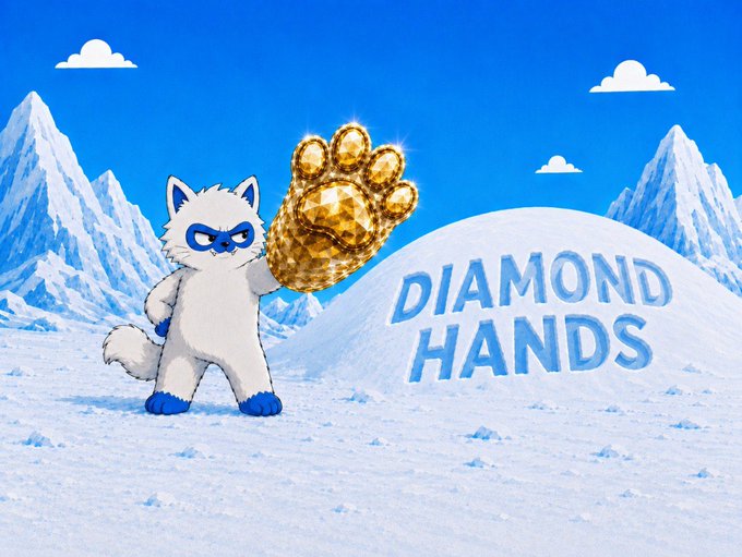 An animated white cat character wearing a blue wrestling mask, flexing its arm to reveal a golden, diamond-like paw against a snowy background with 'DIAMOND HANDS' written in the snow.