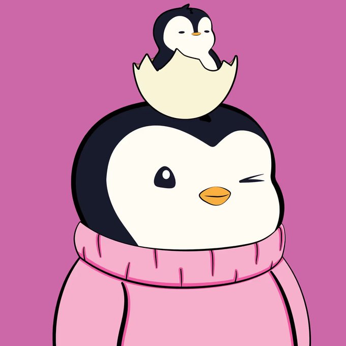 A cartoon illustration features a large penguin wearing a pink sweater with a winking expression, while a smaller penguin chick peeks from inside a cracked eggshell on its head against a purple background.