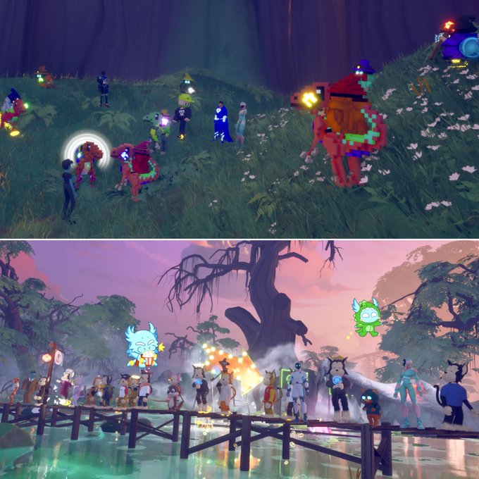 1: Video game scenes showing a forest area with players gathered around a glowing portal and a red creature, and a group of colorful avatars standing on a wooden bridge over water. 2: Stylized photo composition featuring a woman in black sitting with snails around her, arranged to resemble a computer desktop with file icons, a terminal window, a bar chart, and a music player album cover. 3: Album cover artwork titled "New Jeans 'Delight'" in blue and purple paint-style lettering at the top, depicting five anime-style girls celebrating joyfully. 4: A handwritten note reading "@photocardtoday" with drawn hearts, placed behind a pink "rosie" photocard and a portrait photo of a blonde woman in a white tank top with a brown tie. 5: A digitally rendered red Angry Bird character looking deeply sad, crying actual tears. 6: A vintage-style photo of a young woman with yellow headphones and a vinyl record on her head, resting on a counter stacked with CDs in what appears to be a record store. 7: A Red Velvet official fanlight merchandise shown on a purple cutting mat, featuring an orange and white design with a transparent top containing red glitter, next to its cylindrical case with the "RV" logo, alongside a small photo card. 8: Five side-by-side Instagram story frames posted by "aerichandesu" 10 hours ago, each showing a close-up of a smiling face bathed in different colored lighting: blue, pink, yellow/orange, green, and purple. 9: A person's hand holding a red "VOTE 13 LU LA" Brazilian election sticker featuring Lula, along with a voting receipt and a silver-framed photo of Jennie. 10: A young woman with long wavy brown hair wearing a fuzzy gray sweater over a white collared shirt, paired with camouflage shorts, standing against a plain wall.