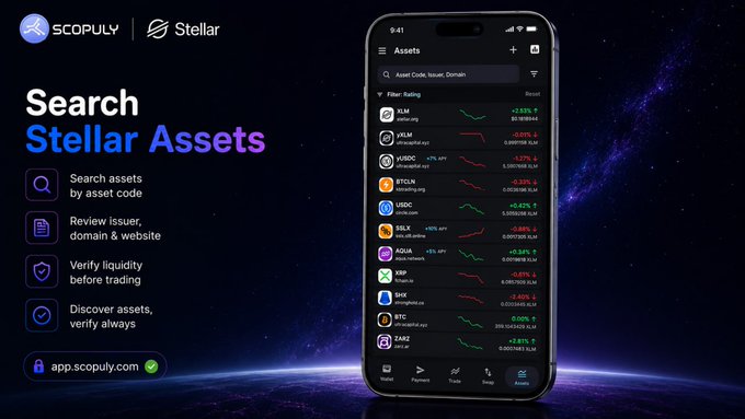 A promotional graphic for Scopuly and Stellar featuring a mobile app screenshot of an asset list with various tokens and price charts, alongside text promoting the search and verification of Stellar assets.