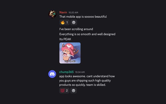 A dark-themed messaging screenshot showing comments from user 'Navin' praising a mobile app's design and user 'clump365' complimenting product quality, with a 'PEAK' meme image attached.