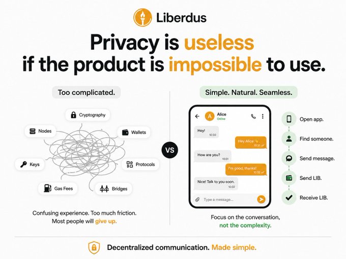 Marketing graphic for Liberdus presenting 'Privacy is useless if the product is impossible to use,' comparing a cluttered crypto UI with a simple messaging app interface.