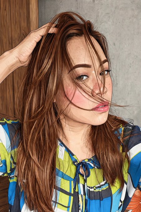 A stylized portrait illustration of a young woman with long brown hair, freckles, and pink lips, wearing a blue, green, and white plaid blouse with a tie at the neckline, set against a gray and wood background.