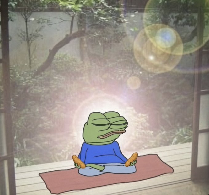 The Pepe the Frog meme edited onto a photo of a person sitting cross-legged on a yoga mat in a meditative pose on a porch.