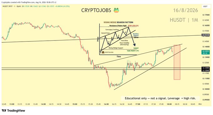 A TradingView chart of HUSDT on the 1-minute timeframe dated 16/8/2026, illustrating a "Rising Wedge Bearish Pattern" with a resistance zone marked "STOP LOSS (SL)" near 0.15500, a downward trendline, and an annotated TARGET TAKE PROFIT (TP) near 0.11995, supporting the post's warning of a bull trap and short position.