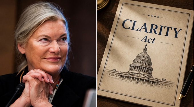 Senator Cynthia Lummis sits with her hands clasped next to a stylized depiction of the "CLARITY Act" legislation featuring the U.S. Capitol dome, illustrating her push to bring the crypto market structure bill to a Senate vote before the August recess.