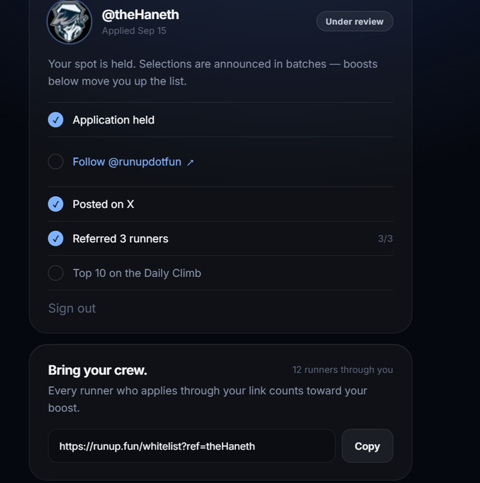 A screenshot of a RunUp application status page for user @theHaneth, showing checklist items like 'Application held', 'Posted on X', and 'Referred 3 runners (3/3)' as completed.