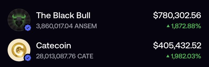 The image displays a cryptocurrency portfolio showing two holdings: "The Black Bull" with 3,860,017.04 ANSEL tokens valued at $780,302.56 (up 1,872.88%), and Catecoin with 28,013,087.76 CATE tokens valued at $405,432.52 (up 1,982.03%), reflecting significant gains on the memecoins associated with influencers Murad, GCR, and Ansem.