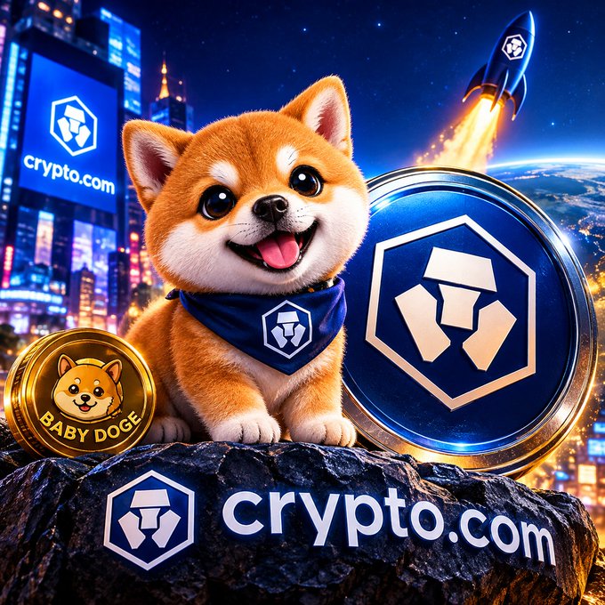 A digital artwork features a Shiba Inu puppy wearing a blue Crypto.com bandana, sitting next to a large blue coin with the Crypto.com logo and a gold 'BABY DOGE' coin, set against a cityscape with a rocket launching.