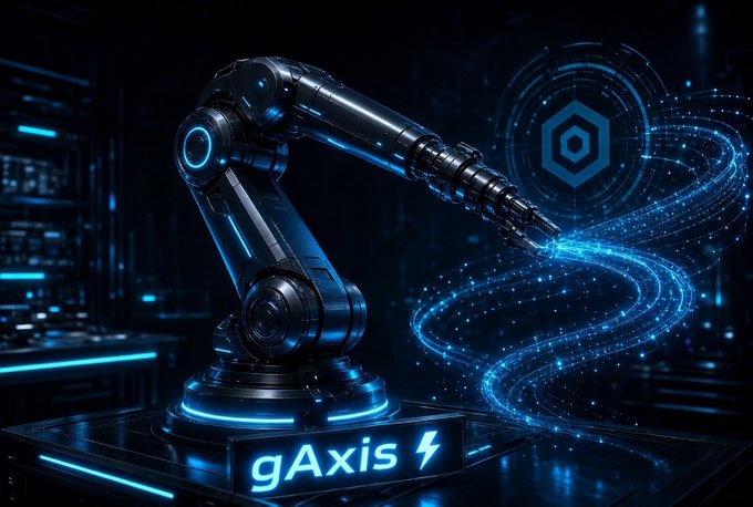 A futuristic robotic arm with glowing blue lights on a dark background, with flowing blue particles and 'gAxis' text at the bottom.