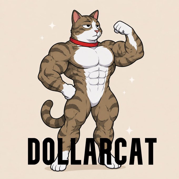 A cartoon illustration of an extremely muscular anthropomorphic tabby cat wearing a red collar, flexing its bicep, with the text 'DOLLARCAT' displayed in large black letters below.