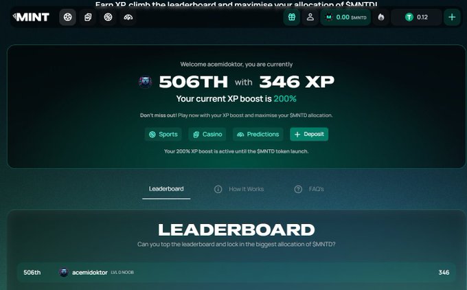 A user named "acemidoktor" checks the PlayOnMint ($MINT) leaderboard dashboard, currently ranked 506th with 346 XP and a 200% XP boost, referencing their self-described newly competitive habit of frequently monitoring rankings.